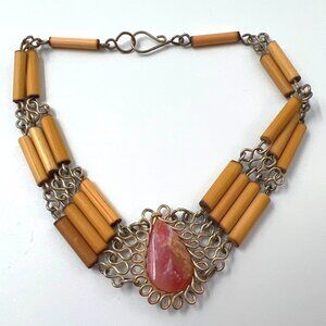 Vintage Wooden & Pink Stone Beaded Bracelet